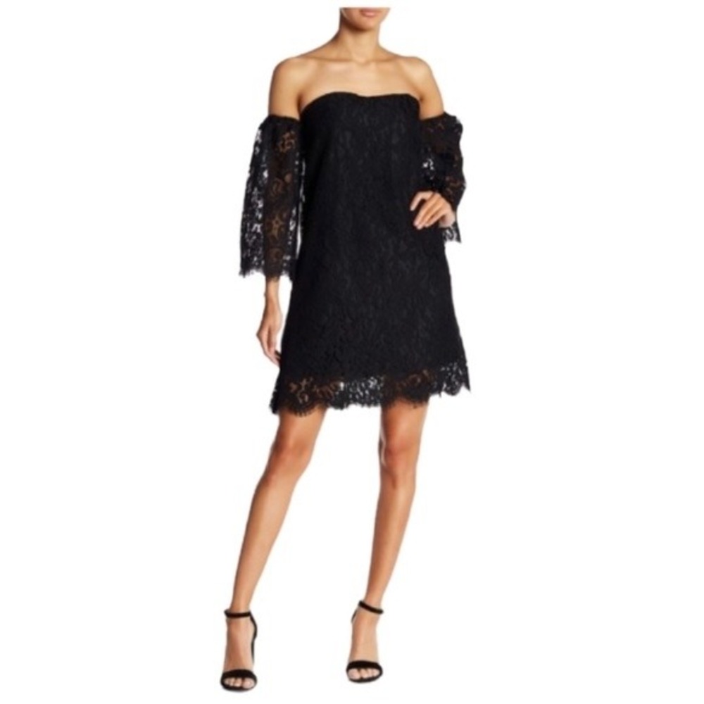 Cupcakes and Cashmere Black Lace Off Shoulder Bell Sleeve Mini Dress 4‎